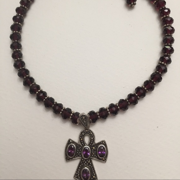 Red Crystals with 925 sterling silver Cross Amethyst Pendant - Picture 3 of 7
